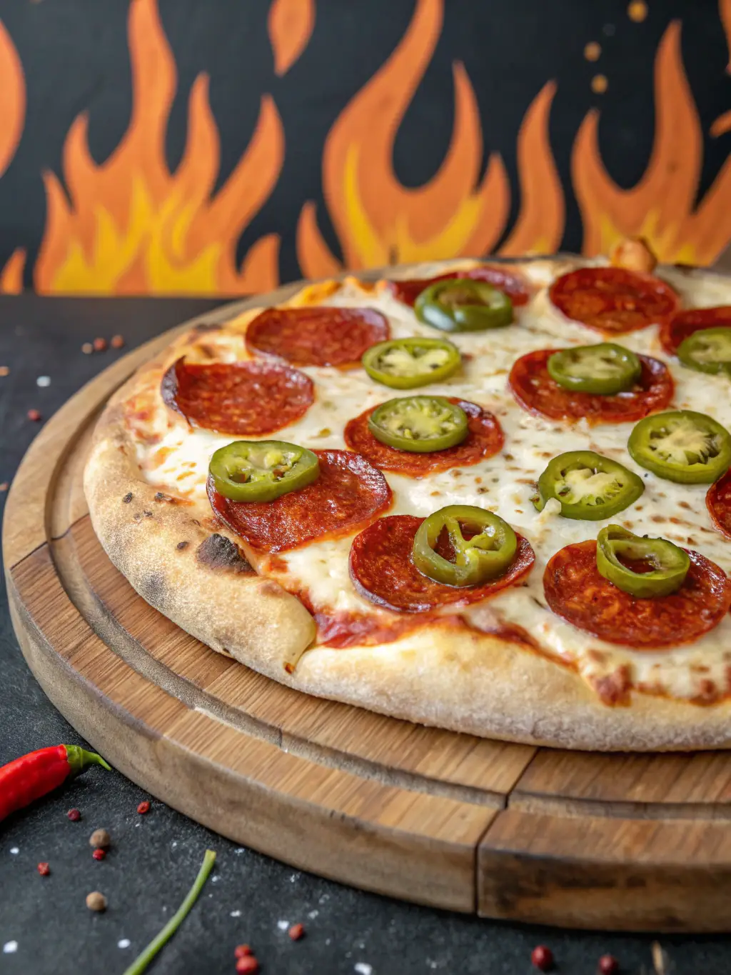 A visually appealing image of a Pepperoni pizza, highlighting the crispy pepperoni slices, melted cheese, and golden-brown crust, presented on a rustic wooden board.