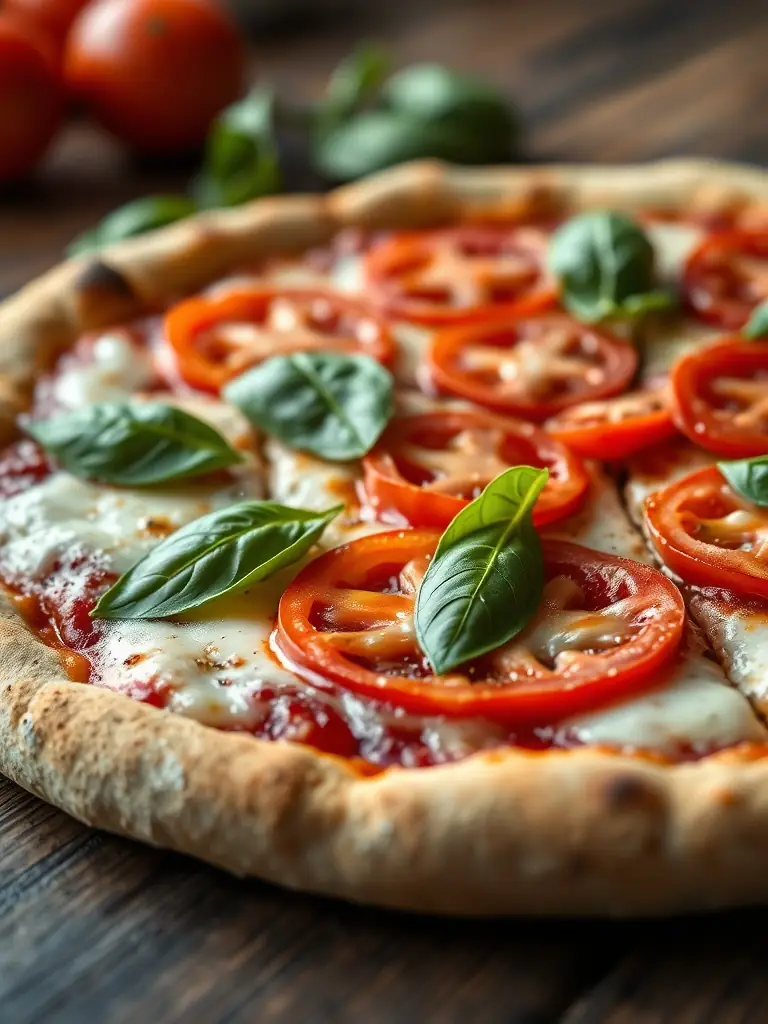 A vibrant, close-up shot of a Margherita pizza, showcasing the fresh basil, ripe tomatoes, and melted mozzarella on a perfectly baked crust, set in a warm, inviting light.