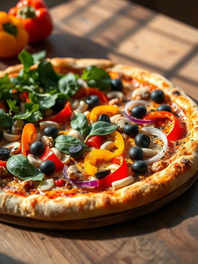 An appetizing image of a Vegetarian pizza, showcasing a colorful array of fresh vegetables such as bell peppers, mushrooms, onions, and olives on a delicious crust.