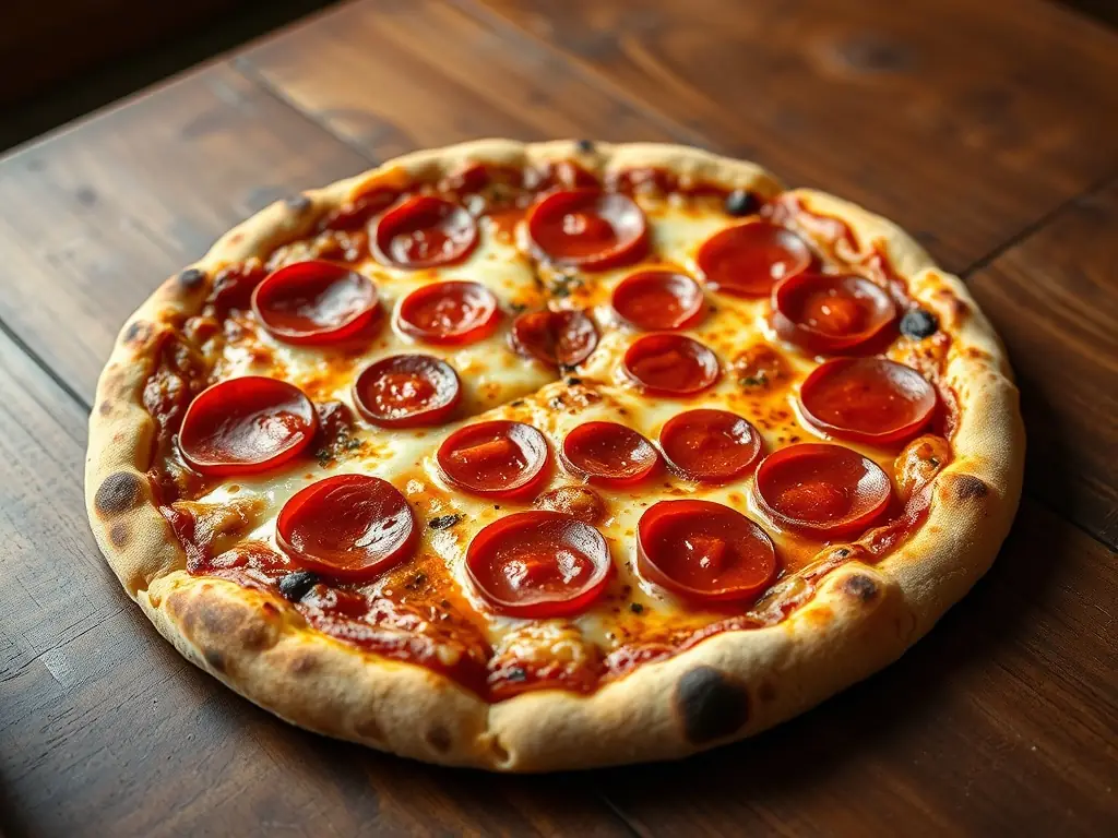 A pepperoni pizza with a generous layer of pepperoni slices, melted cheese, and a slightly charred crust, highlighting its savory and classic appeal.