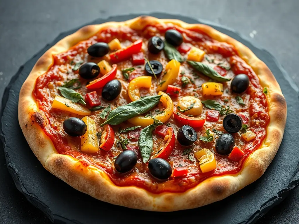 A gourmet pizza with a variety of colorful vegetables, such as bell peppers, mushrooms, olives, and onions, on a crispy crust, showcasing its healthy and flavorful ingredients.
