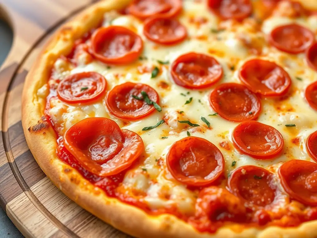A close-up shot of a Pepperoni pizza with generous slices of pepperoni, melted mozzarella cheese, and a slightly charred crust, emphasizing its savory and comforting appeal.