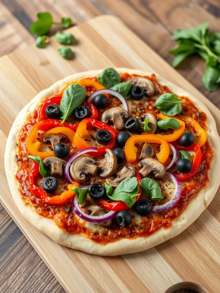 A colorful image of a Vegetarian pizza with a variety of fresh vegetables such as bell peppers, mushrooms, onions, and olives, showcasing its healthy and flavorful options.