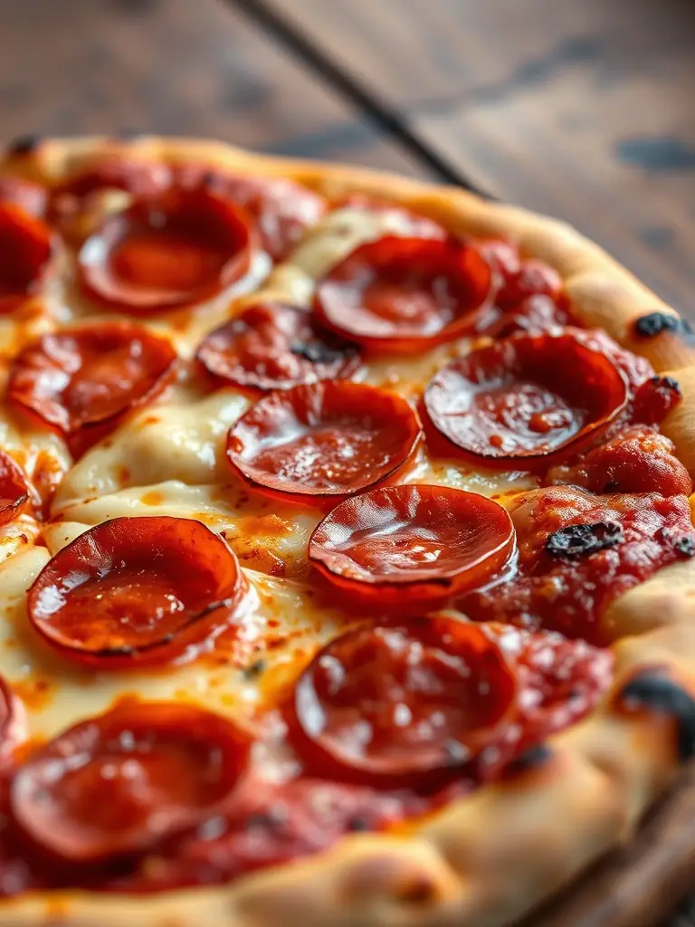 A vibrant image of a Pepperoni pizza with generous slices of pepperoni, melted cheese, and a slightly charred crust, highlighting its savory and satisfying flavors.