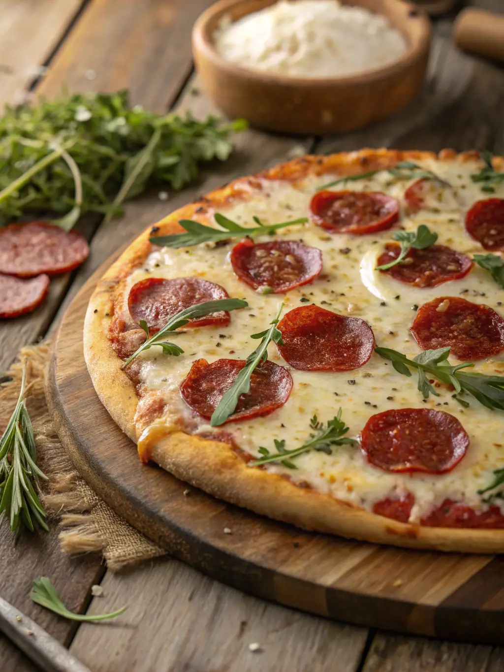 A mouthwatering image of a Meat Lovers pizza with a combination of various meats such as sausage, bacon, and ham, highlighting its hearty and protein-rich ingredients.