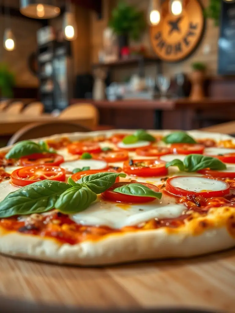 A close-up shot of a Margherita pizza with fresh basil leaves, ripe tomatoes, and melted mozzarella cheese on a thin, crispy crust, showcasing its simplicity and classic Italian flavors.