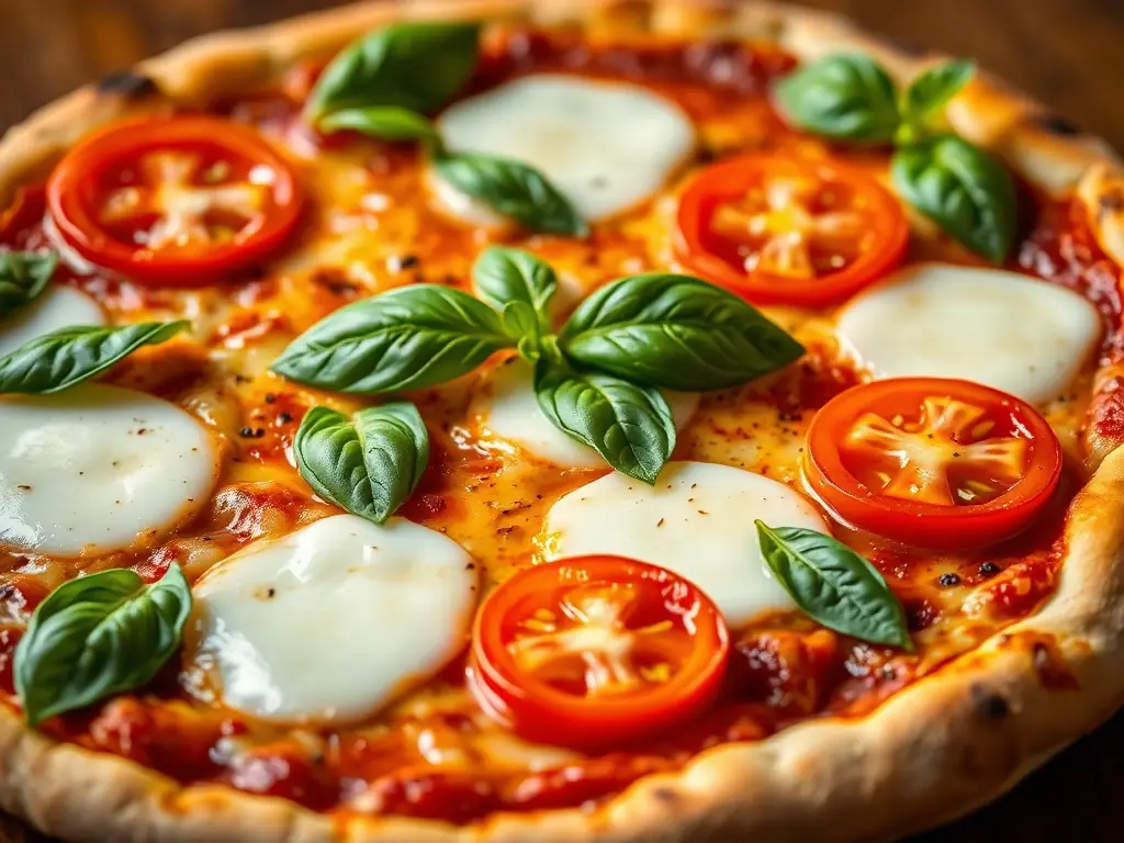 A close-up shot of a Margherita pizza with fresh basil leaves, ripe tomatoes, and melted mozzarella cheese, showcasing its vibrant colors and fresh ingredients.